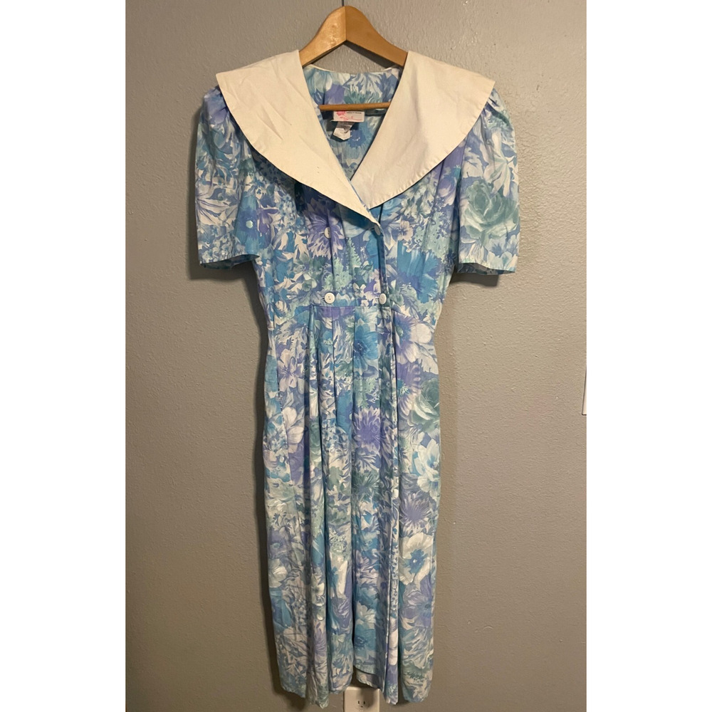 Vintage Misty Rose Womens Sailor Dress 9/10 Blue Floral Pleated Cottagecore READ